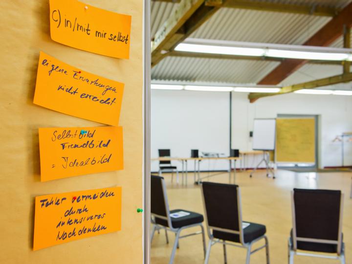 Pinnwand mit 4 angepinnten, beschrifteten Zetteln und im Hintergrund ein Stuhlkreis in der roten Halle