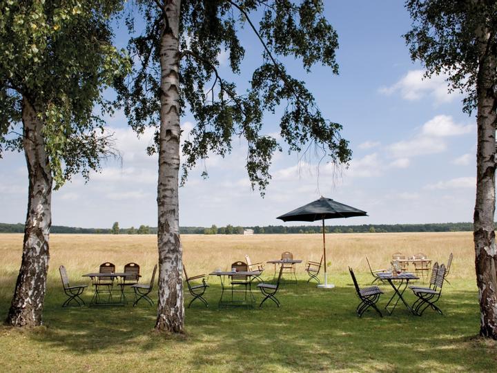 Gartenidylle an der Magerrasenwiese. Gartentische und Stühle, sowie ein Sonnenschrim stehen auf einer Wiese Richtung Magerrasen.