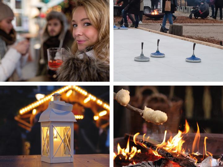 rau mit einer Tasse Glühwein, Eisbahn mit EIsstöcken, Laterne mit brennender Kerze, brennendes Lagerfeuer mit Stockbrot