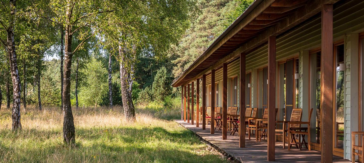 Reihe von ebenerdigen Hotelzimmern in der Natur mit durchgängiger Holzterrasse