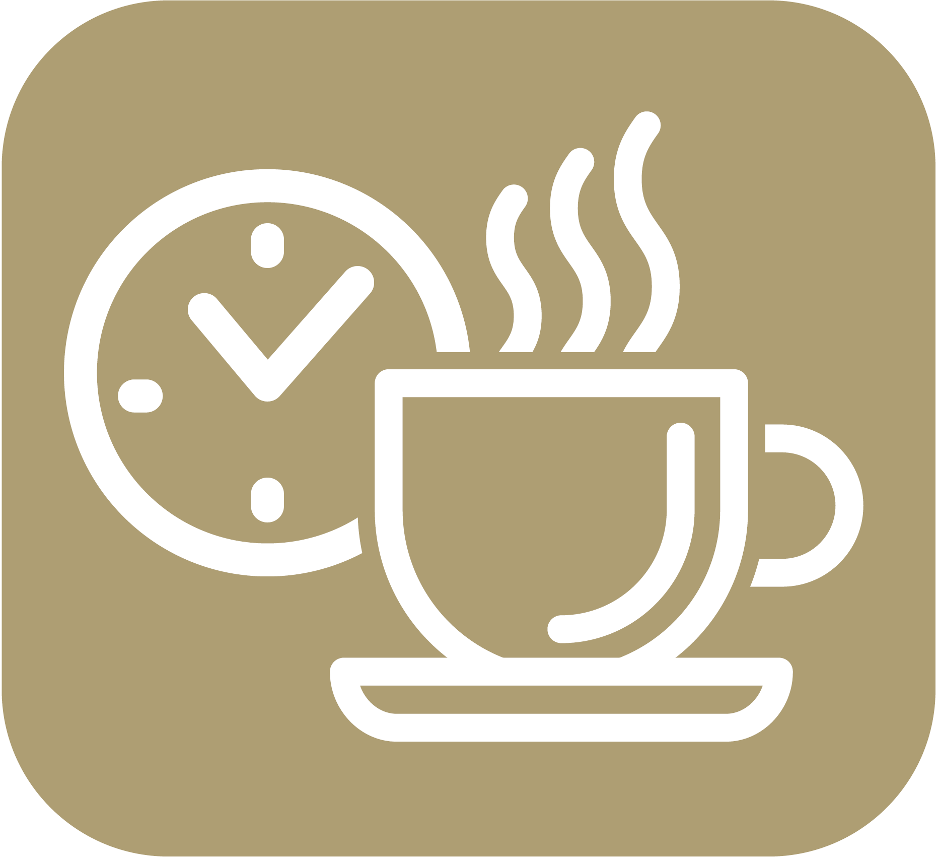 Eine Kaffeetasse und eine Uhr auf einem braunen Quadrat